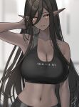  1girl bare_arms bare_shoulders black_hair black_sports_bra blush breasts cleavage collarbone commentary dark_elf elf hair_between_eyes hand_in_own_hair hayabusa highres large_breasts long_hair looking_at_viewer mole mole_under_eye navel orange_eyes original parted_lips pointy_ears signature smile solo sports_bra upper_body 