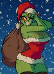  big_breasts bottomless breasts christmas christmas_clothing christmas_headwear cleavage clothed clothing costume crossgender dr._seuss eyelashes female fur green_body green_fur grinch hat headgear headwear hi_res holidays how_the_grinch_stole_christmas! legwear long_eyelashes red_eyes sack santa_costume santa_hat sgtmadness smile snow stockings teeth 