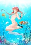  1girl air_bubble animal armpit_crease bikini bow breasts bubble closed_mouth closers clownfish coral feet fish freediving frills hair_bow hands_up highres legs long_hair looking_at_viewer luna_aegis_(closers) navel nipples nude nude_filter official_art orange_hair purple_eyes sandals slippers small_breasts smile solo starfish stomach striped striped_bikini swimsuit tattoo thighs third-party_edit toes twintails underwater water 