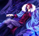  1boy bangs beard black_background blue_coat closed_mouth coat crossed_arms dragon facial_hair fur_trim hair_intakes johann kuroshiba long_sleeves looking_at_viewer m.u.g.e.n male_focus pants rage_of_the_dragons red_hair red_shirt shirt short_hair sitting smile solo white_pants 