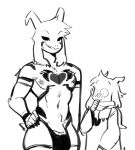  abs anthro asriel_dreemurr asriel_dreemurr_(god_form) athletic belly_tuft black_and_white black_clothing black_nails black_panties black_sclera black_stripes black_underwear blush boss_monster bovid caprine clothed clothing colored_nails cute_fangs darkner deltarune duo eyewear facial_markings fangs fur glasses hand_on_hip head_markings head_tuft heart_(marking) horn looking_down male male/male mammal markings monochrome nails navel nipples panties ralsei scarf size_difference skimpy stripes tall thick_thighs tuft undertale undertale_(series) underwear v_rawr video_games white_body white_fur 
