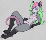  anthro barefoot blue_eyes bored bra clothing didelphid feet female green_hair hair hi_res lily_crane long_hair lying mammal marsminer marsupial panties pink_bra pink_clothing pink_hair pink_panties pink_underwear simple_background solo tail_around_leg the_crane_family underwear virginia_opossum 