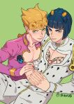  2boys absurdres black_hair blonde_hair blue_eyes bob_cut braid bruno_bucciarati bug closed_mouth giorno_giovanna green_background green_eyes highres honlo interlocked_fingers jacket jojo_no_kimyou_na_bouken ladybug long_hair long_sleeves looking_at_viewer male_focus multiple_boys own_hands_together pants pectoral_cleavage pectorals pink_jacket simple_background sitting smile vento_aureo white_pants 