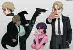  1girl artist_name bangs black_coat black_hair black_necktie black_pants blonde_hair bra chainsaw_man cigarette coat collared_shirt eminem_throwing_a_fat_rat_(meme) floating_clothes formal genderswap genderswap_(mtf) grey_background hand_in_pocket high_kick highres holding holding_cigarette k3nnyn3v kicking kishibe_(chainsaw_man) kishibe_(young)_(chainsaw_man) looking_at_viewer looking_back meme motion_lines necktie pants piercing shirt shirt_tucked_in short_hair sideways_glance simple_background smoke smoking stitched_face stitched_mouth stitches suit undercut underwear white_shirt 