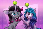  2021 abstract_background ball black_hair blue_hair crossover curved_horn cutie_mark digital_media_(artwork) duo equid equine female feral fur grey_body grey_fur hair hasbro hi_res hooves horn hornball horse izzy_moonbow_(mlp) looking_up mammal mlp_g5 my_little_pony oleander_(tfh) pony purple_body purple_fur purple_hooves redahfuhrerking them&#039;s_fightin&#039;_herds unicorn 