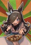  1girl 1other @_@ animal_ears blush bow_hairband brown_dress brown_hair dress english_commentary food hair_over_one_eye hairband highres horse_ears kokemozuku long_hair long_sleeves open_mouth outline pov pov_hands purple_eyes rice_shower_(umamusume) sweat takoyaki teeth tongue toothpick umamusume upper_body 