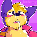  animated anthro bodily_fluids canid canine canis clothing coyote cum cum_in_mouth cum_inside cum_on_face digital_media_(artwork) fizzyjay fur genital_fluids jay_(fizzyjay) low_res male mammal open_mouth pixel_(artwork) pixel_animation short_playtime simple_background solo 