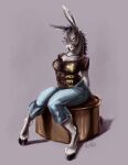  anthro asinus band_shirt black_hair bottomwear breasts clothed clothing coypowers dana_(coypowers) denim denim_clothing donkey equid equine eyewear female fully_clothed fur glasses grey_body grey_fur hair hi_res hooves jeans long_ears mammal mane pants shirt simple_background sitting solo t-shirt topwear 