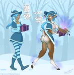  anthro barely_visible_genitalia barely_visible_pussy beingobscene big_butt blue_hair blush bottomwear breasts butt capreoline clothing deer dialogue english_text female genitals gift hair hat headgear headwear hi_res hooves human human_to_anthro leggings legwear long_hair magic mammal mid_transformation mostly_nude nipples nude outside pattern_clothing pattern_leggings pattern_legwear plant pussy reindeer skirt snow solo species_transformation speech_bubble striped_clothing striped_leggings striped_legwear stripes teats text transformation tree udders url 