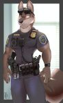  2022 anthro blue_eyes bottomwear canid canine car_keys clothing eyewear eyewear_on_head gun hi_res hinget inside mammal pants police_badge police_officer police_uniform ranged_weapon sunglasses sunglasses_on_head topwear uniform walkie-talkie weapon 