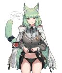  1girl animal_ear_fluff animal_ears arknights bangs black_bow black_bowtie black_panties black_skirt bow bowtie breasts closed_mouth clothes_lift coat collared_shirt english_text fangs_(fangs_art) green_eyes green_hair grey_jacket harmonie_(arknights) jacket large_breasts lifted_by_self looking_at_viewer medium_hair navel open_clothes open_coat panties shirt simple_background skirt skirt_lift smile speech_bubble tail underwear white_background white_coat white_shirt 