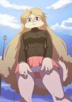  animated anthro bottomwear breasts butt canid canine clothed clothing eyewear female fur genitals glasses hair long_hair looking_at_viewer mammal nendoggo panties pussy simple_background skirt smile smug solo underwear 