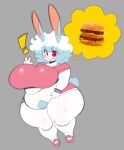  anthro armband belly belly_overhang big_belly big_breasts blush bottomwear breasts burger clothing diipiid exclamation_point female food footwear gesture hair hi_res huge_breasts huge_hips huge_thighs lagomorph leporid looking_at_viewer mammal marina_(diipiid) open_mouth overweight overweight_anthro overweight_female rabbit red_eyes shirt shoes shorts solo thick_thighs thought_bubble topwear v_sign white_body white_hair wide_hips 