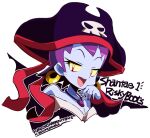  1girl artist_name bare_shoulders breasts character_name cleavage colored_sclera colored_skin earrings hat jewelry looking_at_viewer necklace open_mouth pirate_hat purple_hair purple_skin red_eyes risky_boots sakurajyousui_nami shantae_(series) solo upper_body white_background yellow_sclera 