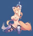  animal_ear_fluff animal_ears arknights armor armpits arms_up bikini bikini_armor blonde_hair bound bound_wrists breasts cleavage full_body gauntlets greaves green_eyes highleg highleg_bikini horse_ears horse_girl horse_tail kneeling large_breasts long_hair nearl_(arknights) nearl_the_radiant_knight_(arknights) own_hands_together revealing_clothes simple_background swimsuit tail yan_wan 