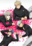  4boys aqua_eyes artist_name bangs belt black_belt black_shirt blonde_hair blue_eyes blue_hair cioccolatodorima circle_formation closed_eyes closed_mouth collared_shirt commentary cowboy_shot english_commentary feet_out_of_frame grey_hair grey_shirt hair_between_eyes hair_ornament hand_on_own_head jupiter_(planetary_moe) light_blue_hair looking_at_viewer looking_away lying male_focus multiple_boys neptune_(planetary_moe) on_back on_side on_stomach open_collar pants petals planetary_moe purple_eyes saturn_(planetary_moe) shirt short_hair short_hair_with_long_locks smile star-shaped_pupils star_(symbol) symbol-shaped_pupils turtleneck upper_body uranus_(planetary_moe) white_background white_pants x_hair_ornament 