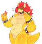  2_horns 4_fingers anthro armband biceps big_breasts bowser bracelet breasts claws collar crossgender digital_media_(artwork) featureless_breasts featureless_crotch female fingers fire green_body hair hanaarts hand_on_butt hi_res horn jewelry koopa long_hair looking_back mario_bros mostly_nude navel nintendo red_eyes red_hair scales scalie shell simple_background solo spiked_armband spiked_bracelet spiked_collar spikes spikes_(anatomy) standing tan_body tan_scales video_games yellow_body 