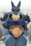  1girl animal_ears blue_fur body_fur breasts brown_fur closed_mouth commentary commission english_commentary fur furry furry_female hand_on_hip highres large_breasts looking_at_viewer lucario navel pokemon red_eyes smile solo tail thick_thighs thighs underboob woobin94 