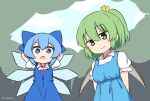  2girls :o arms_behind_head blue_bow blue_dress blue_hair bow cirno closed_mouth daiyousei detached_sleeves dress english_commentary fairy_wings ferdy&#039;s_lab forest green_hair hair_between_eyes hair_bow highres ice ice_wings multiple_girls nature open_mouth outdoors pinafore_dress shirt short_hair short_sleeves side_ponytail smile touhou twitter_username upper_body white_shirt wings 