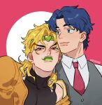  2boys black_leotard blonde_hair blue_eyes blue_hair closed_mouth dio_brando earrings fangs green_lips headband highres honlo jacket jewelry jojo_no_kimyou_na_bouken jonathan_joestar leotard lipstick long_hair long_sleeves looking_at_viewer looking_to_the_side makeup male_focus mixed-language_commentary multiple_boys necktie puckered_lips red_eyes red_necktie shirt smile stardust_crusaders two-tone_background vampire vest white_shirt yaoi yellow_jacket 