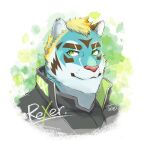  anthro blonde_hair blue_body blue_fur bust_portrait english_text felid fur green_eyes hair lifewonders live-a-hero male mammal pantherine portrait rexer simple_background skmnt01 smile solo striped_body striped_fur stripes text tiger video_games white_background 