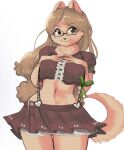  anthro bottomwear breasts canid canine clothed clothing eyewear female fur glasses hair hand_on_breast long_hair looking_at_viewer mammal nendoggo simple_background skirt smile solo topwear 