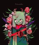 &lt;3 anthro black_background blood blood_in_mouth bodily_fluids bound bovid caprine clothing darkner deltarune eyelashes eyewear flower fur glasses green_clothing green_robe head_tuft hi_res horn long_ears looking_at_viewer male mammal pink_scarf plant ralsei red_eyes red_ribbon robe rose_(flower) scarf signature simple_background solo tuft undertale_(series) v_rawr video_games white_body white_fur 