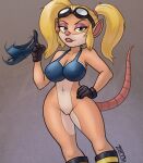  activision anthro blonde_hair blue_clothing blue_panties blue_underwear boots bottomless breasts clothed clothing crash_bandicoot_(series) crash_team_racing_(series) crash_team_racing_nitro-fueled eyewear female footwear genitals gloves goggles hair handwear lips lipstick long_hair makeup panties pasadena_o&#039;possum pussy smile solo thick_thighs twirling_panties underwear video_games zaboom 