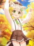  1girl absurdres ahoge animal_ear_fluff animal_ears arms_up artist_name autumn autumn_leaves bangs beret blue_sky blurry blurry_background blush bow brown_headwear brown_skirt buttons cat_ears cat_girl cat_tail cloud collared_shirt commentary_request cowboy_shot day fang fish_hair_ornament flat_chest green_eyes green_necktie hair_bow hair_ornament hairclip happy hat hazakura_hinata heterochromia highres holding holding_leaf leaf long_sleeves looking_at_viewer miniskirt necktie open_mouth orange_background original outdoors plaid plaid_headwear plaid_skirt pleated_skirt school_uniform shiny shiny_hair shirt shirt_tucked_in sidelocks signature skin_fang skirt sky smile solo standing suspender_skirt suspenders tail thighs white_shirt yellow_bow yellow_eyes 