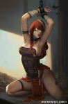  1girl adepta_sororitas bangs barefoot blue_eyes breasts chain chained cleavage cuffs handcuffs highres hood medium_breasts paid_reward_available pelvic_curtain pinup_(style) purity_seal red_hood sgt_lonely sister_repentia slave solo thigh_strap warhammer_40k 