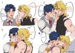  2boys absurdres black_leotard black_nails blonde_hair blue_eyes blue_hair blush closed_eyes commentary dio_brando english_text fangs green_lips hand_on_another&#039;s_cheek hand_on_another&#039;s_face headband heart highres honlo jojo_no_kimyou_na_bouken jonathan_joestar kiss leotard lipstick long_hair long_sleeves looking_at_another makeup male_focus multiple_boys open_mouth red_eyes shirt short_hair speech_bubble stardust_crusaders teeth vampire vest white_shirt yaoi 