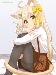  1girl ? absurdres ahoge animal_ear_fluff animal_ears artist_name bangs bed_sheet black_pantyhose blonde_hair blush bow brown_skirt buttons cat_ears cat_girl cat_tail closed_mouth commentary_request fish_hair_ornament from_side full_body gradient gradient_background green_eyes grey_background hair_bow hair_ornament hairclip hazakura_hinata heterochromia highres hugging_own_legs knees_up legs_together long_hair long_sleeves looking_at_viewer miniskirt original outline pantyhose partial_commentary plaid plaid_skirt pleated_skirt shiny shiny_hair shirt shirt_tucked_in sidelocks signature simple_background sitting skirt solo suspender_skirt suspenders tail thighband_pantyhose white_outline white_shirt yellow_bow yellow_eyes 