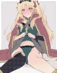  1girl azumi_(myameco) black_panties black_thighhighs blonde_hair cape closed_mouth clothes_lift dress dress_lift ereshkigal_(fate) fate/grand_order fate_(series) hair_ribbon lifted_by_self long_hair panties red_cape red_eyes red_ribbon ribbon single_thighhigh sitting solo thighhighs tiara underwear 