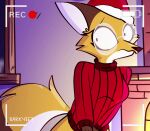 2022 2d_animation animated anthro areola barkyeet blush breast_grab breast_play breast_squish breasts brown_ears butt camera camera_view canid canine christmas clothed clothing clothing_aside detailed_background digitigrade ear_piercing ear_ring embarrassed eyelashes eyewear female flashing fluffy fluffy_tail fox genitals glasses hand_on_breast happy holding_breast holidays innie_pussy looking_at_own_breasts looking_at_self looking_down mammal medium_breasts navel nipples orange_body piercing pink_areola pink_nipples pussy raised_clothing raised_shirt raised_topwear rey_(animatedmau) ring_piercing shirt short_playtime shy simple_background solo speech_bubble squish standing topwear underwear underwear_aside white_body wide_hips 