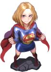  1girl absurdres blonde_hair blue_eyes blue_skirt blush breasts cape clenched_hands collarbone dc_comics full_body highres kilye_kairi looking_at_viewer red_cape red_footwear short_hair simple_background skirt smile supergirl superhero superman_(series) white_background 