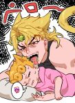  2boys aged_down animal_ears blonde_hair cat_boy cat_ears cat_tail closed_eyes commentary_request dio_brando earrings father_and_son giorno_giovanna green_lips headband heart highres honlo hood hoodie jewelry jojo_no_kimyou_na_bouken licking lipstick long_hair lying makeup male_child multiple_boys pillow pink_hoodie red_eyes spoken_squiggle squiggle tail tongue tongue_out vento_aureo 