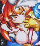  1girl animal_hands bangs blush breasts claws cleavage commentary_request duel_monster frown furumeta hair_between_eyes hair_rings harpie_channeler harpy highres holding large_breasts long_hair looking_at_viewer monster_girl orange_eyes orange_hair shikishi solo staff twintails wings yu-gi-oh! 