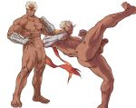  1boy ass bandaged_arm bandages bara blaziken blonde_hair completely_nude dark-skinned_male dark_skin dizdoodz erection flaccid headband high_kick highres kicking male_focus nude personification pokemon red_headband short_hair simple_background standing standing_on_one_leg testicles thick_eyebrows thick_thighs thighs white_background 