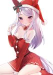  1girl absurdres animal_ears blush breasts christmas commentary_request hat highres horse_ears horse_girl horse_tail looking_at_viewer mejiro_mcqueen_(umamusume) purple_eyes rei_(ilust9999) santa_costume santa_hat seiza simple_background sitting small_breasts smile solo tail umamusume white_background 