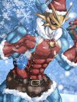  abs anthro armor bandai_namco bell belt blue_body bottomwear bulge christmas christmas_clothing clothed clothing digimon digimon_(species) gift gold_(metal) guzu_kuo headgear helmet holidays magnamon male muscular muscular_anthro muscular_male pecs red_eyes scalie shorts skimpy solo tight_clothing 