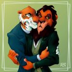  1:1 anthro bengal_tiger black_body black_eyebrows black_eyes black_fur black_hair black_nose black_pupils black_stripes black_tie_(suit) bracelet brown_body brown_fur button_(fastener) claws claws_out clothed clothing coat crossover disney duo embrace eye_scar eyebrows facial_scar felid fully_clothed fur green_background green_eyes grin hair half-closed_eyes happy hug jacket jewelry lion looking_aside looking_at_another looking_away male male/male mammal mane mane_hair markings mischevious multicolored_body multicolored_fur narrowed_eyes necktie orange_body orange_fur pantherine pink_nose pupils scar scar_(the_lion_king) sharp_claws shere_khan shirt signature simple_background smile smirk standing striped_body striped_fur striped_markings stripes suit talespin the_jungle_book the_lion_king thick_eyebrows tiger topwear tsundere vest whiskers white_body white_fur witcherfox yellow_sclera 