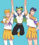  1girl 2boys arm_up black_pants blonde_hair blue_background blue_eyes blue_hair braid breasts closed_eyes closed_mouth crossdressing double_bun giorno_giovanna green_hair green_lips green_nails grin hair_bun higashikata_josuke highres honlo jojo_no_kimyou_na_bouken kujo_jolyne lifting_person lipstick long_hair looking_at_viewer makeup medium_breasts multiple_boys pants pompadour sailor_collar school_uniform shirt skirt smile standing thighhighs white_thighhighs yellow_skirt 