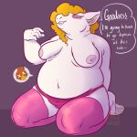  anthro avian bird bovid breasts caprine clothing dialogue dialogue_box digestion eclairscollection fatal_vore female goat hi_res kneeling legwear mammal oral_vore overweight overweight_female panties soft_vore stockings underwear vore weight_gain x_eyes 