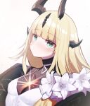  1girl absurdres arknights bangs beudelb blonde_hair blush breasts commentary_request dress flower green_eyes grey_background highres horns long_hair looking_at_viewer reed_(arknights) reed_the_flame_shadow_(arknights) small_breasts solo upper_body white_dress white_flower 