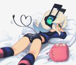  1girl :p aqua_eyes ass bed_sheet blush clothes_writing commentary digitan_(porforever) electric_plug english_commentary headphones heart heart_tail highres kneehighs kneepits lightning_bolt_symbol long_hair looking_at_viewer looking_back lying naughty_face on_stomach original pillow porforever smile socks solo star-shaped_pupils star_(symbol) striped striped_socks stuffed_animal stuffed_snail stuffed_toy symbol-shaped_pupils tail tongue tongue_out white_hair 