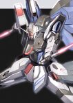  absurdres beam_saber black_background commentary dual_wielding freedom_gundam glowing glowing_eye gundam gundam_seed highres holding holding_sword holding_weapon looking_down mecha mechanical_wings mobile_suit no_humans robot science_fiction solo sword takahashi_masaki v-fin weapon wings yellow_eyes 