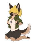  anthro blonde_hair canid canine canis clothed clothing dog_tags domestic_dog female fully_clothed german_shepherd hair herding_dog hi_res jacket kneeling kneeling_on_ground mammal open_clothing open_jacket open_topwear pastoral_dog solo titallulah topwear 