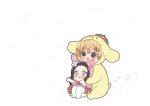  agatsuma_zenitsu animal_costume animal_ears black_hair blonde_hair cosplay hair_between_eyes highres kamado_nezuko kimetsu_no_yaiba long_sleeves my_melody my_melody_(cosplay) onegai_my_melody open_mouth pink_eyes pompompurin pompompurin_(cosplay) pori_(kmt_pori) sanrio white_background 