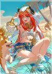  1girl ;d aqua_eyes arm_up armpits bangs bare_legs barefoot blue_bow blue_gemstone blue_nails blue_skirt blue_sky bow bracer breasts brooch circlet commentary_request crop_top detached_sleeves dog fake_horns feet full_body gem genshin_impact gold_trim grass happy harem_outfit highres horns jewelry knee_up long_hair long_sleeves looking_at_animal midriff nail_polish neck_ring nilou_(genshin_impact) one_eye_closed open_mouth outdoors palm_tree parted_bangs pond puffy_long_sleeves puffy_sleeves red_hair shallow_water sidelocks sitting sitting_on_water skirt sky small_breasts smile sparkle tassel thighs toes tree twintails veil water white_headwear white_sleeves yktori 