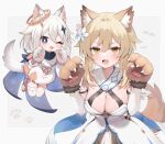  2girls :d animal_ear_fluff animal_ears bangs banned_artist bare_shoulders blonde_hair breasts brown_gloves commentary_request dress genshin_impact gloves grey_background hair_between_eyes kemonomimi_mode large_breasts looking_at_viewer lumine_(genshin_impact) multiple_girls muryotaro open_mouth paimon_(genshin_impact) purple_eyes sleeveless sleeveless_dress smile tail upper_body white_dress white_hair wolf_ears wolf_tail 